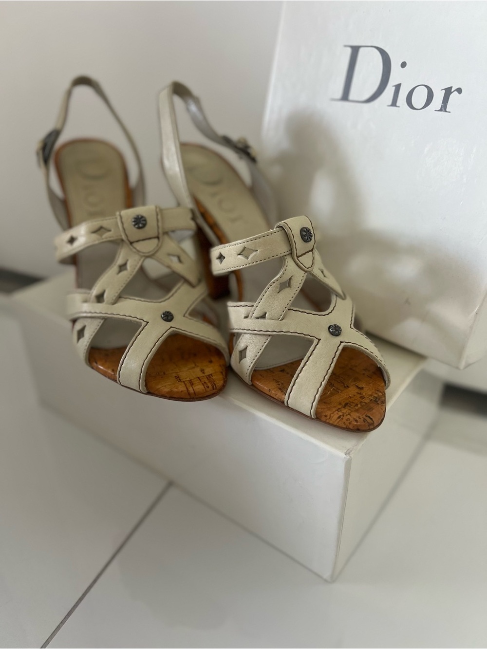 Dior Cream Leather Cork-Trim Slingback Heels - Picture 2 of 7